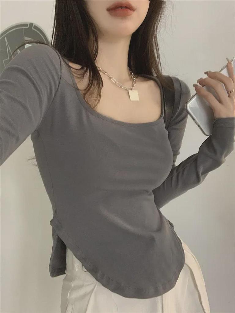 2024 Autumn U-Neck Solid Color Irregular Slim Long-Sleeve Top for Women