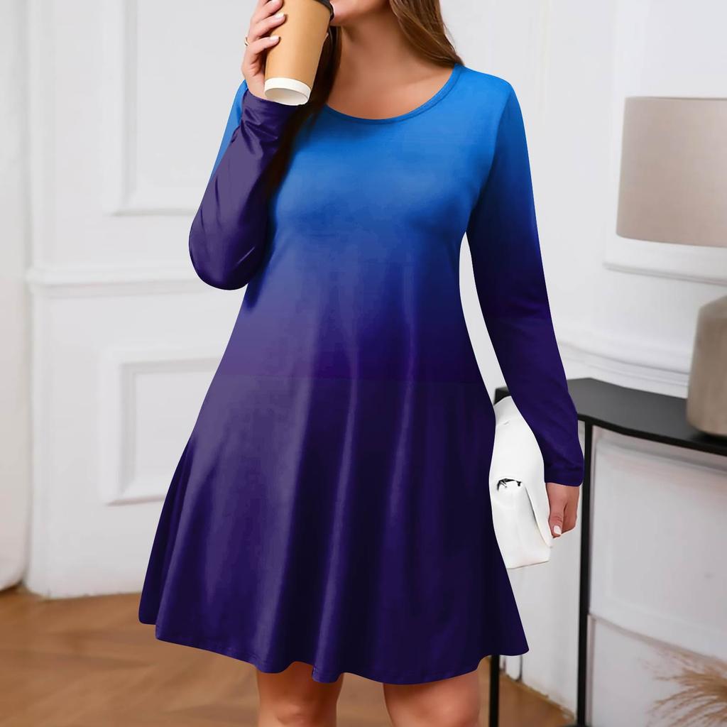 Plus Size Women's Gradient Print Casual Spring/Autumn Pocket Round Neck Long Sleeve Dress