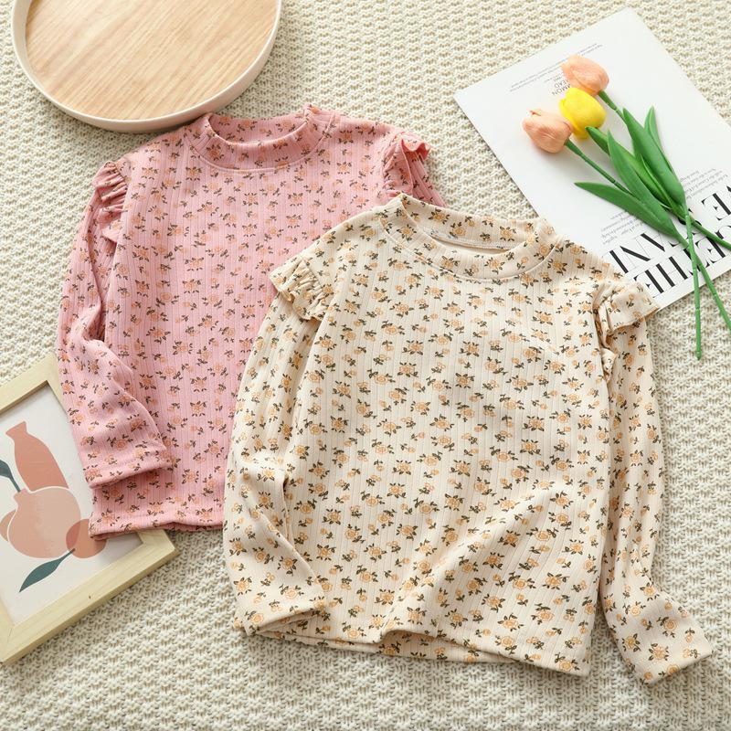 Dziewczęcy T-shirt z długim rękawem i kwiatowym wzorem - Jesienno-zimowy top do wszystkiego dla małych dziewczynek