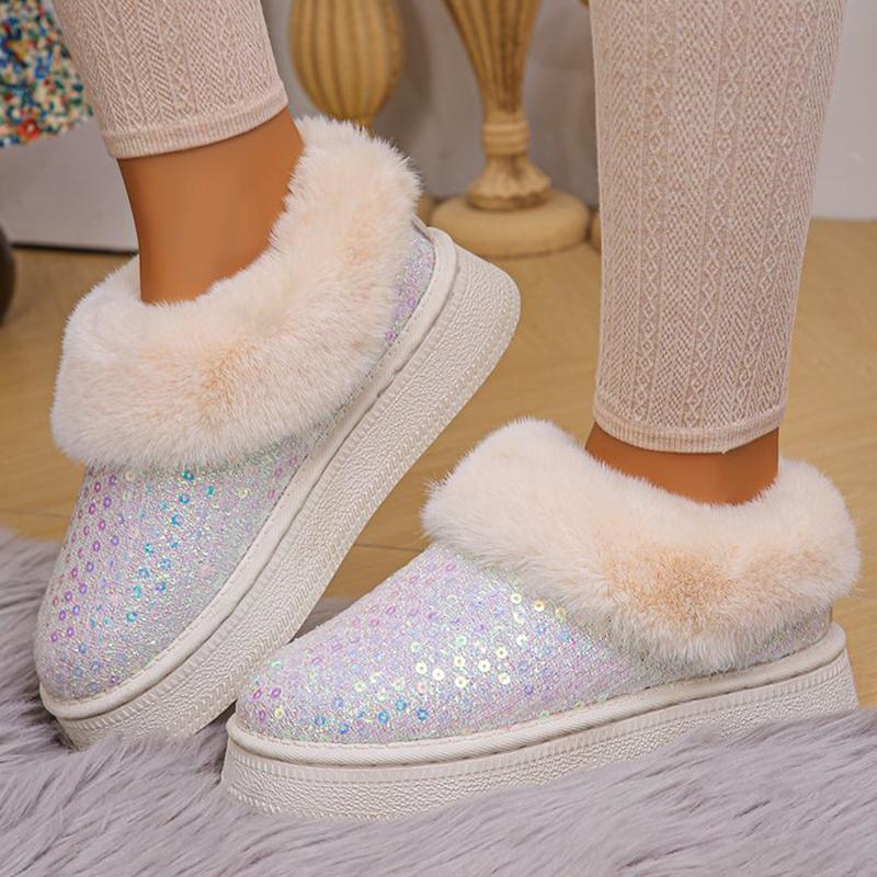 Fashion Fashion Bling Sequin Fur Snow Boots Women Comfy Slip On Thicken Plush Warm Winter Boots Woman Non Slip Faux Fur Ankle Booties