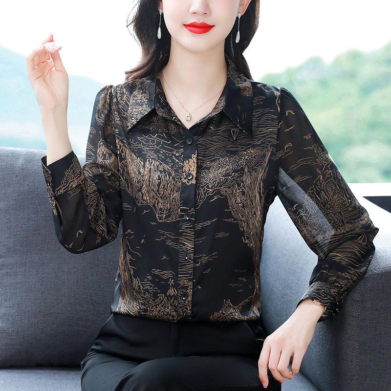 Shirt Women's Top Early Spring New Polo Collar Middle-aged Long Sleeve Printed Belly Cover Shirt