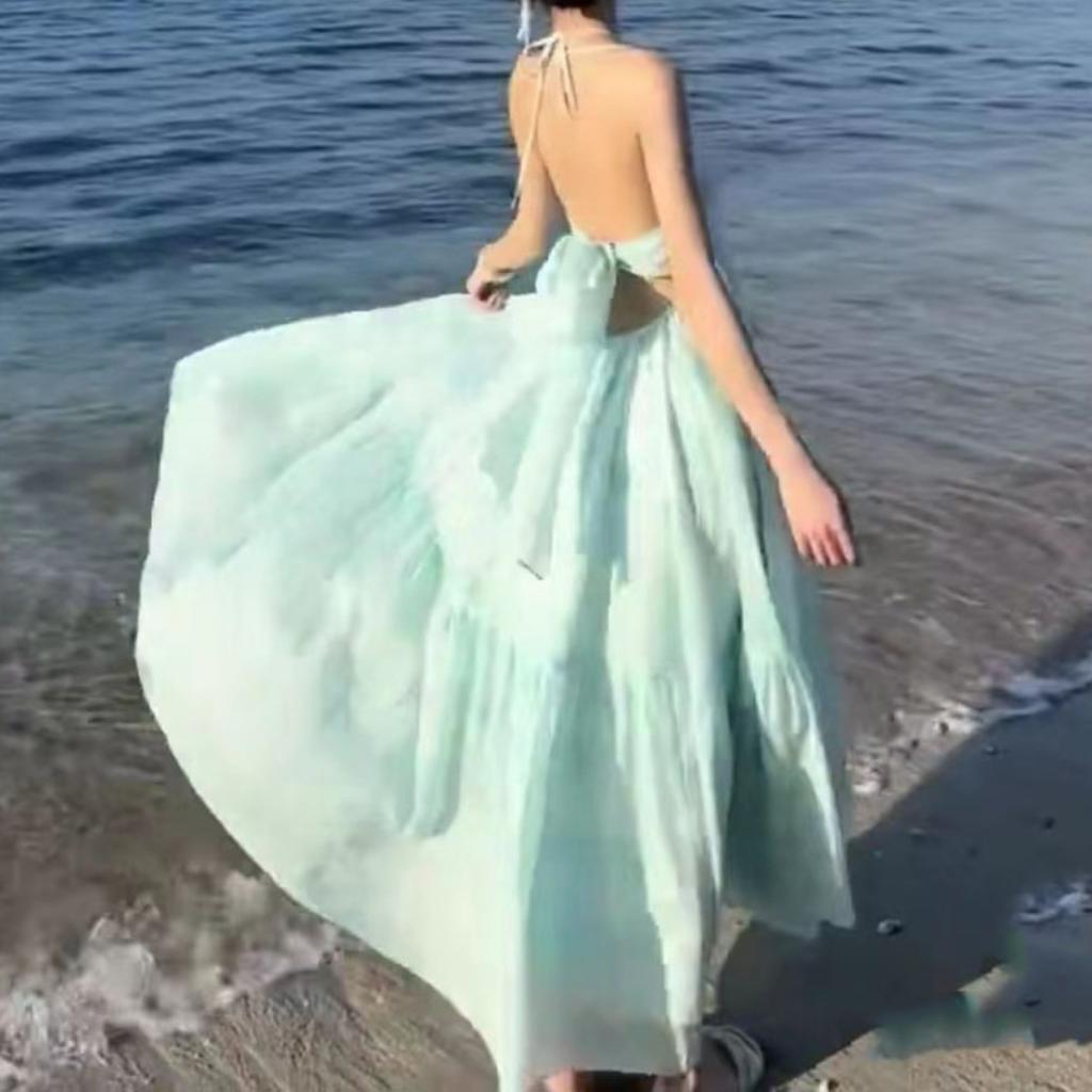 Super fairy pendulum pure desire wind V-neck sexy dopamine halter neck sling fairy long dress seaside vacation skirt