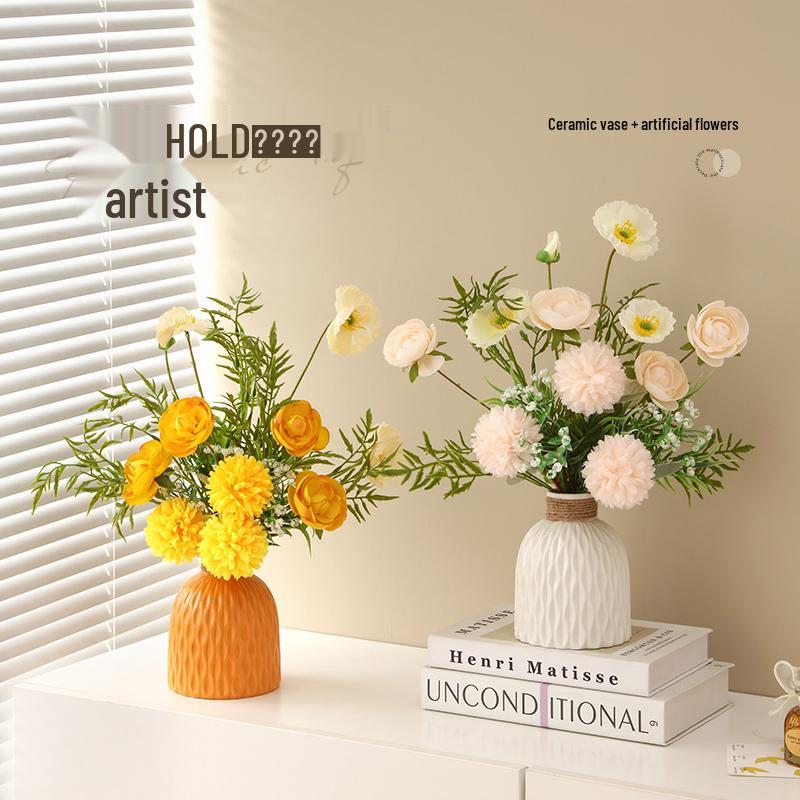 Elegant High-End Artificial Flowers with Ceramic Vase Decor – Luxurious Living Room Arrangement