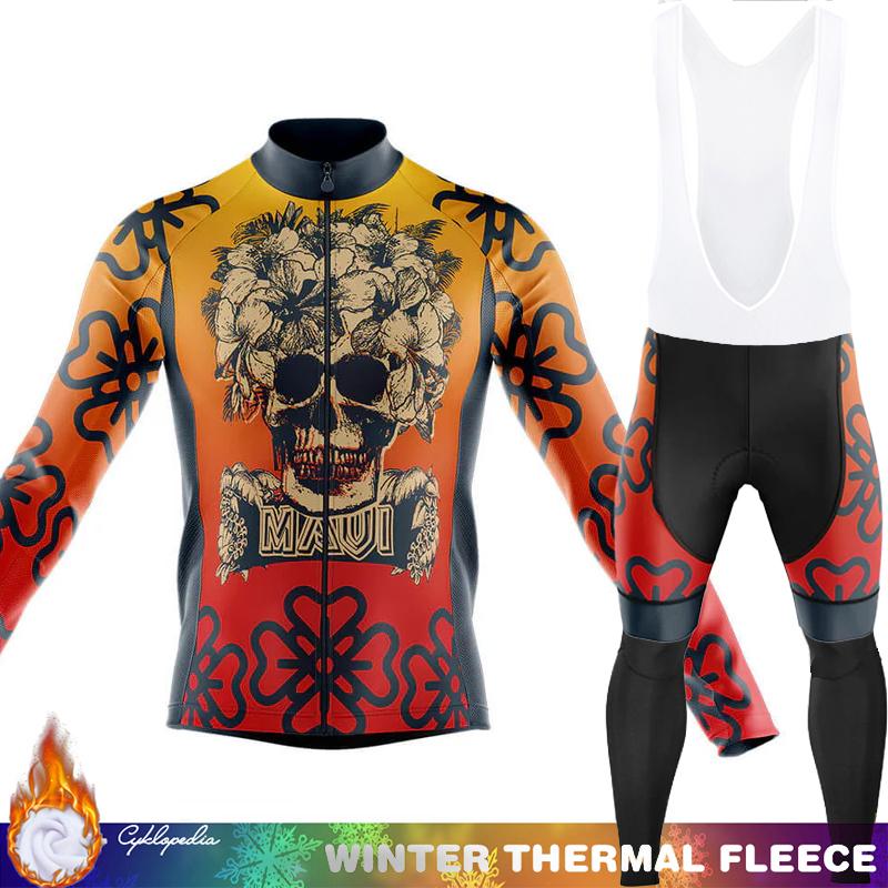 Men's Cycling Pants Fleece Jersey Skull Sets Long Sleeve Thermal Shirt Mens Clothes Clothing Winter Man Outfit Suit Termal Retro