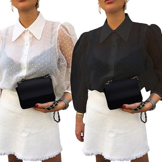 

Women Dot Print Sexy See Through Half Puff Sleeve Button Shirt Blouse Top