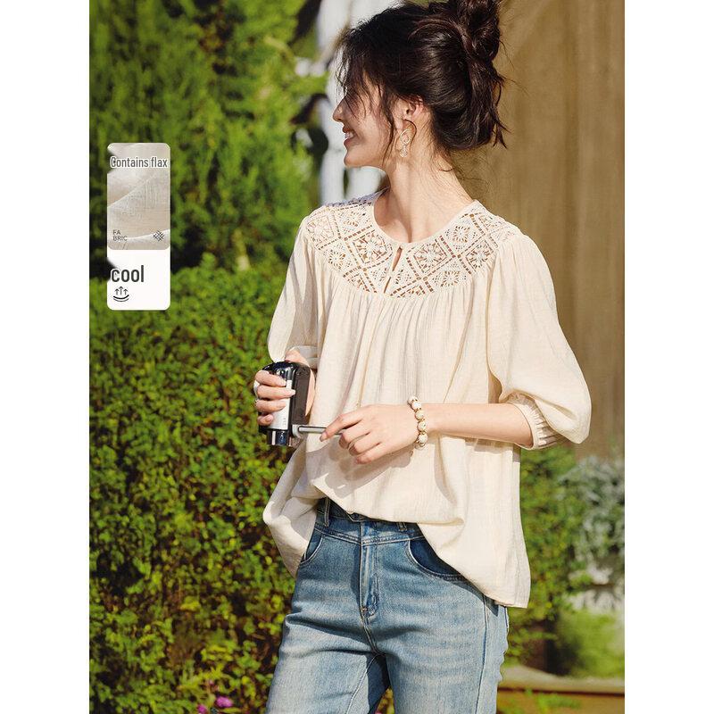 XWI Women s Relaxed Fit Hollow-out Lantern Sleeve Shirt 2XL