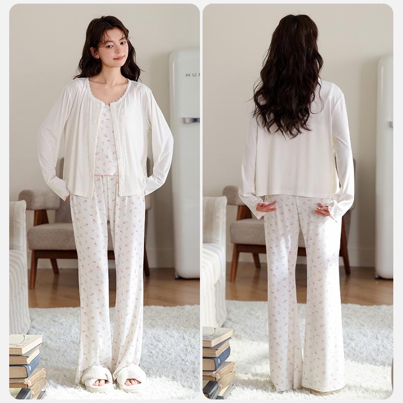 Women's Antibacterial Modal Three-Piece Set: Camisole, Long Sleeve Top, Long Pants - Spring/Autumn Homewear or Outerwear