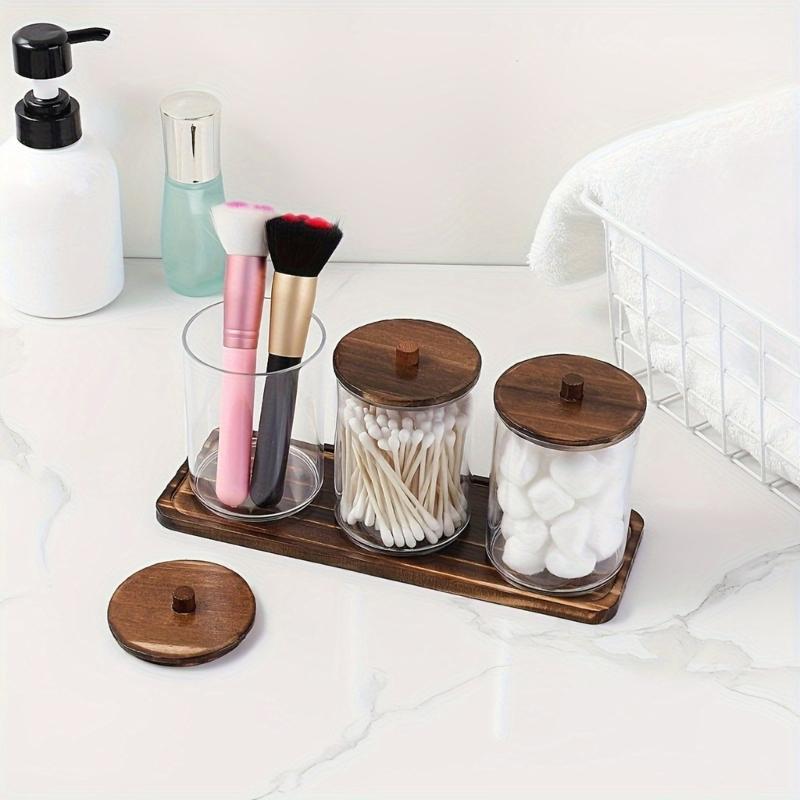 Round Cosmetic Organizers With Natural Wooden Top Transparent Bathroom Storage Container with Wooden Tray