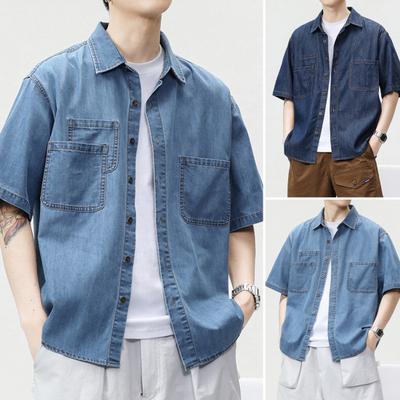 Herren Kurzarm Baumwollhemd Sommer Button-Down Revers Denimhemden