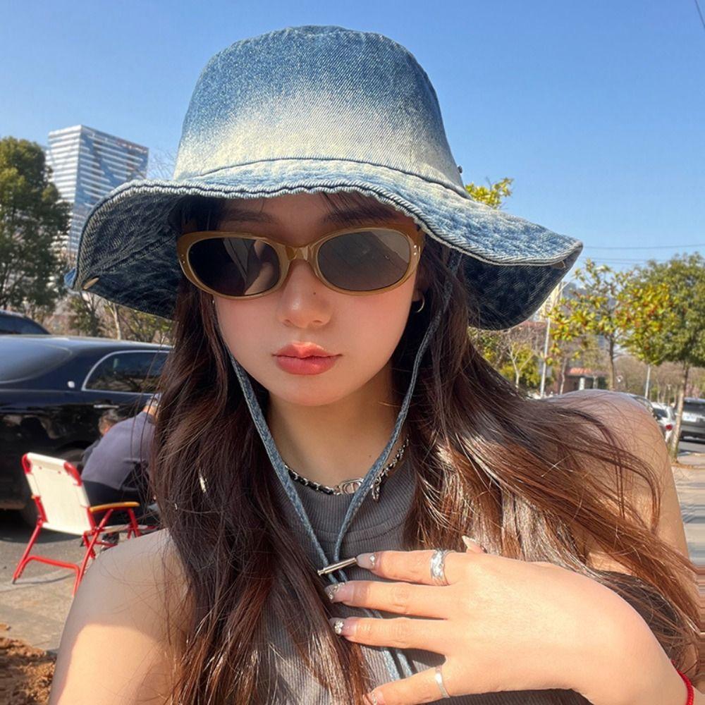 Water-washed Tie-dye Vintage Washed Denim Hat Wide Brim Drawstring Adjustable Western Cowboy Hats Windproof Sunscreen