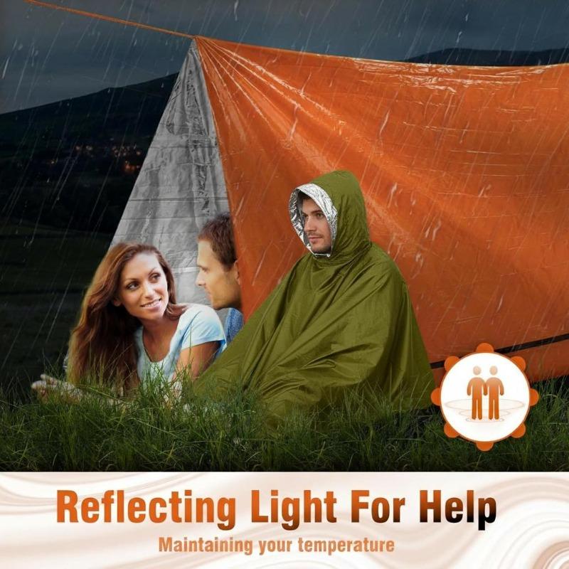 Überlebensset mit einem Unterschlupf, zwei Regenmänteln, einer PE-Zeltseiltasche und einer Pfeife für Wandern, Camping, im Auto, Notfälle