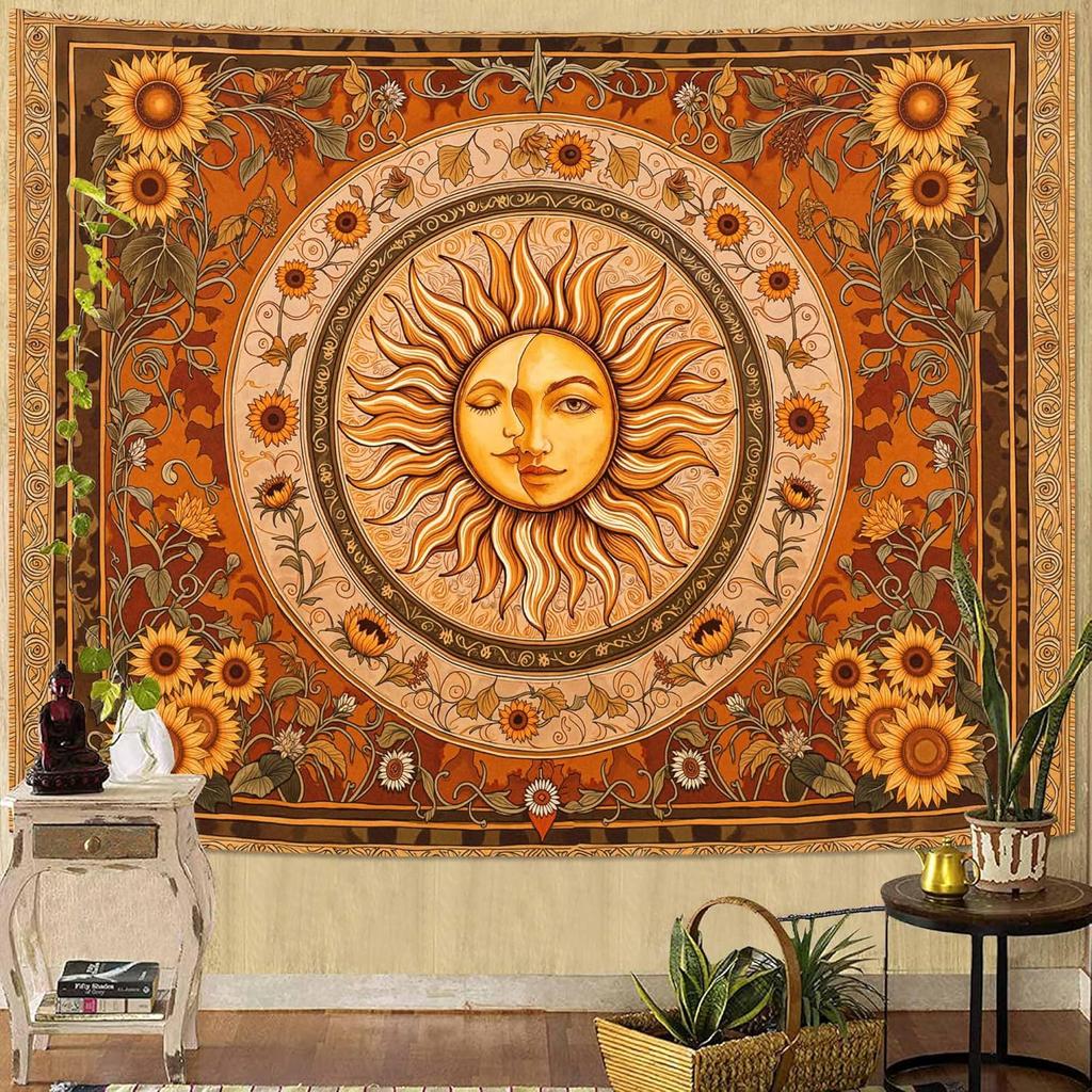 VIKAMA Boho Tapestry Featuring Sunflower and Astrological Wheel Wall Decor for Bedroom Dorm and Living Room with Bohemian Mystic