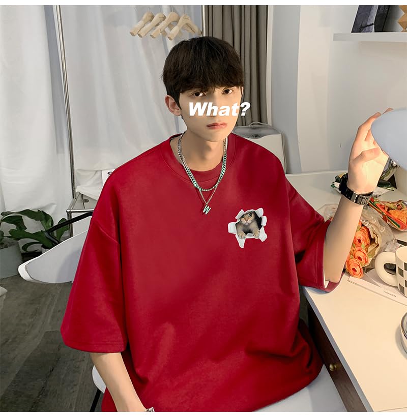 BUTMYJ Summer Cat Print Cute and Funny 3D Cat with a Lively Cat Back Plus Round Street Loose Solid Short Sleeves Men's T-Shirt, T-Shirt Print, Sizes,
