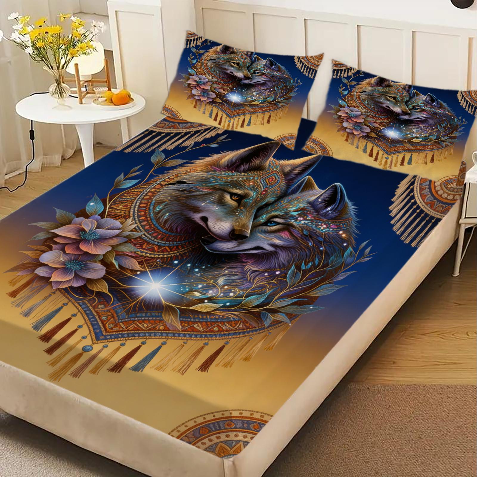 Wolf Couple Fitted Sheet Set Blue And Gold Mandala Floral Pattern With Pillowcases For Bedroom Decor 99x190x25cm