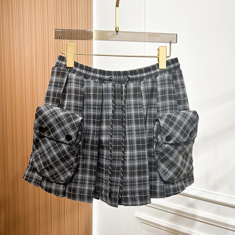 2025 Winter Black & White Plaid A-line Pleated Skort with Drawstring Pockets M