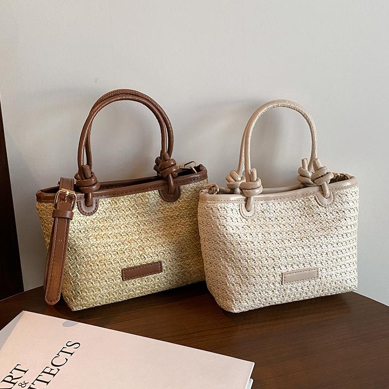 Geantă de paie țesută pentru vacanță de vară, geantă de mână crossbody, stil nou la modă, cu frânghie înnodată, geantă de coș de legume țesută, geantă