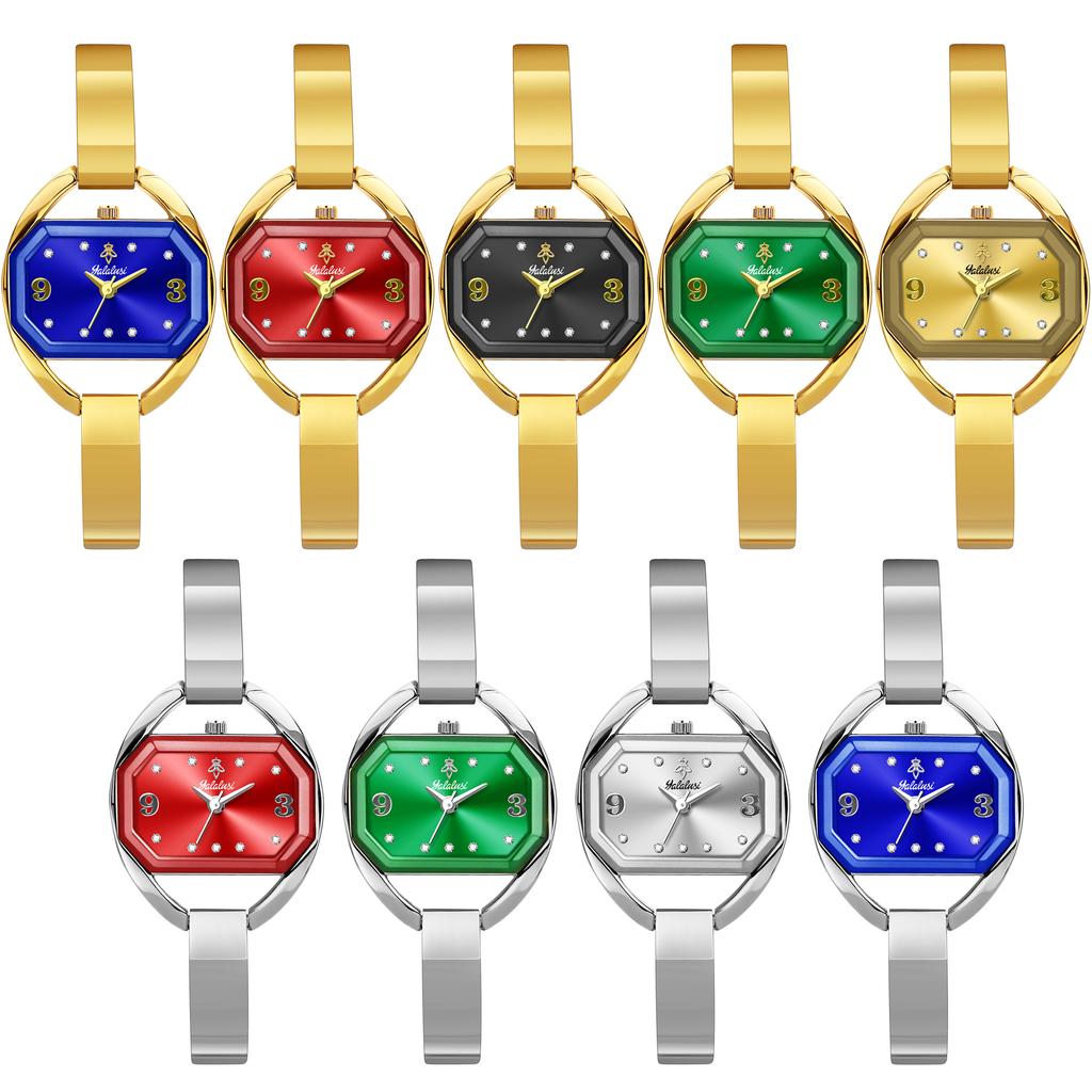 YaLaLuSi Elegant Gold Bangle Ladies Watch Green Dial Tiny Crystal Index Quartz Wristwatch Vintage Watch Premium Gift Box