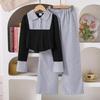 Girls' Autumn 2025 Color Block Striped Retro Top & Wide-Leg Pants Set