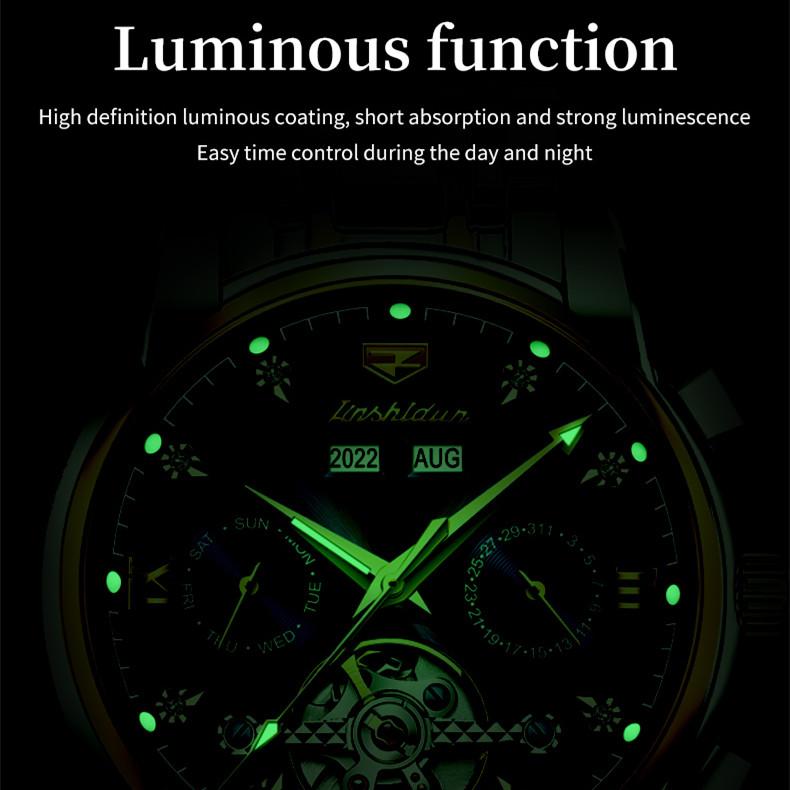 JINSHIDUN Neue Business- und Freizeit-Herrenuhr Einfache Business-wasserdichte leuchtende multifunktionale mechanische Uhr High-End-Herrenuhr