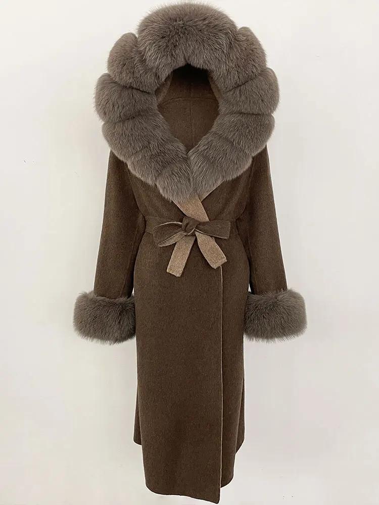 OFTBUY Winter Women Coat Real Natural Fox Fur Hooded Detachable Collar Double-faced Woolen Jacket Long Casual Elegant Overwears