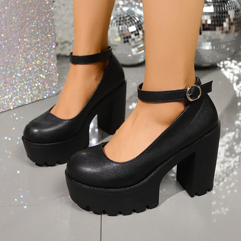 Sapatos Mary Jane Pretos de Salto Super Alto Feminino Tamanho Grande 42 Plataforma Grossa Saltos Agulha Femininos Fivela no Tornozelo Festa Casamento Sapatos de Salto Alto