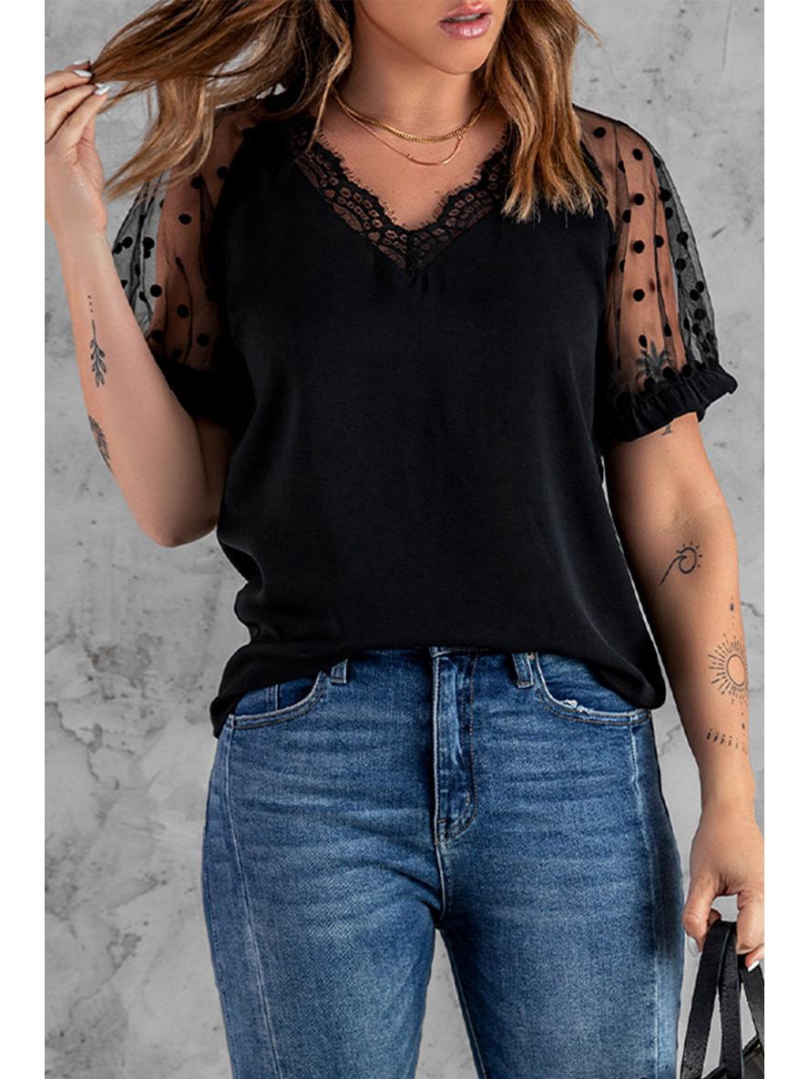 

Женский пуловер с кружевными короткими рукавами, V-образным вырезом, приталенного кроя, однотонный, 2022 S чёрный