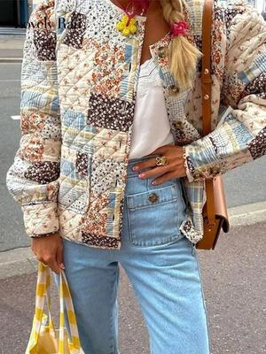 Retro Print Damska Bawełniana Kurtka Długi Rękaw Jednorzędowy Płaszcz Casualowa Odzież Uliczna Kolorowy Dekolt Okrągły Damska Jesień Zima Moda