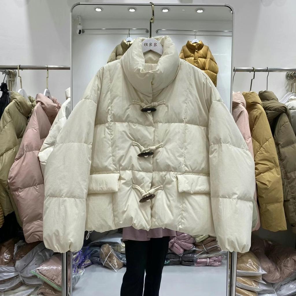 Short horn buckle down jacket women's new white duck down bread jacket stand-up collar loose winter coat
