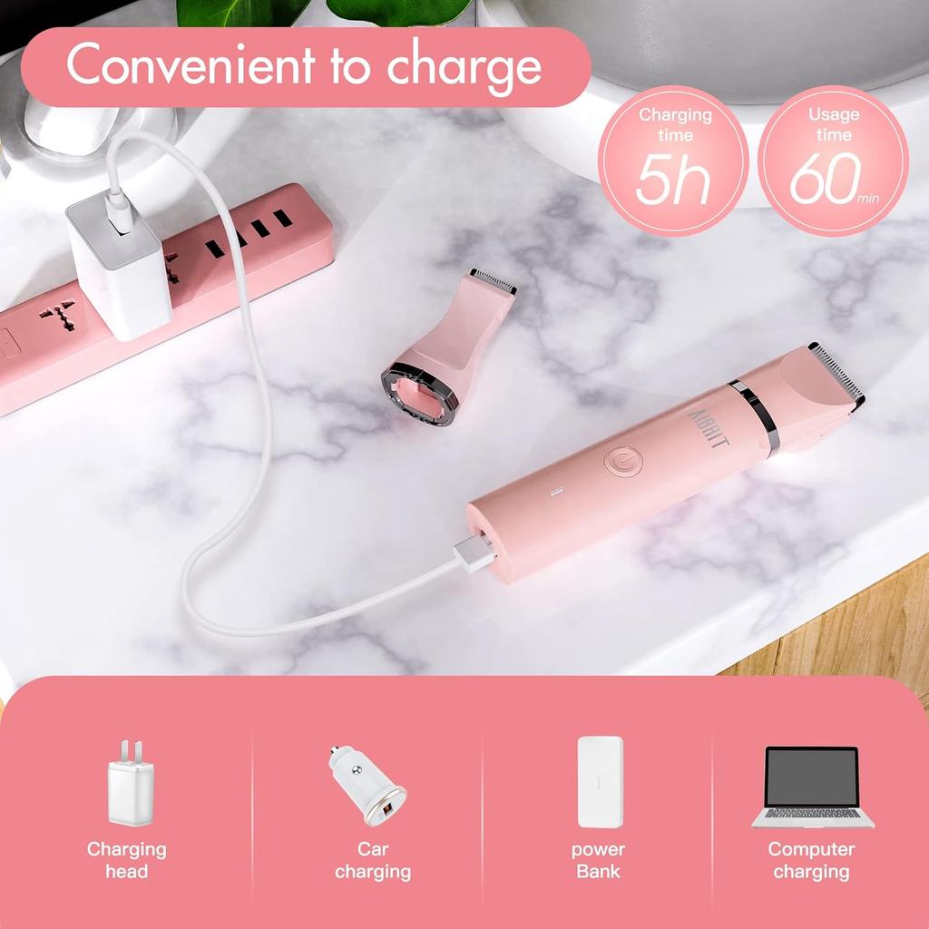 Electric Bikini Trimmer for Women - 2 in 1 Electric Lady Pubic Hair Groomer Painless Hair Removal Razor Body Shaver, Portable Ladies Shaver with 2