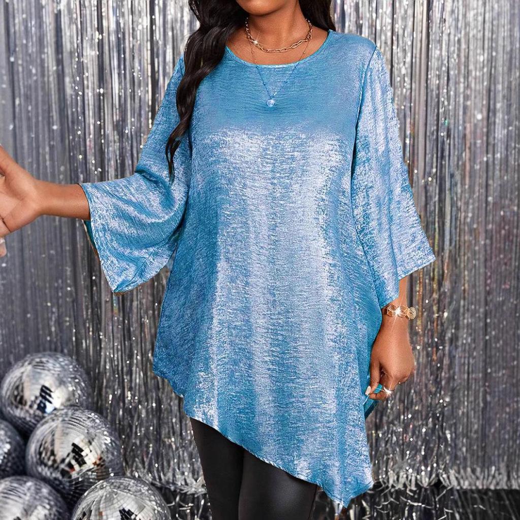 2025 Plus Size Loose Fit Crew Neck Nine-Sleeve Irregular Top for Women