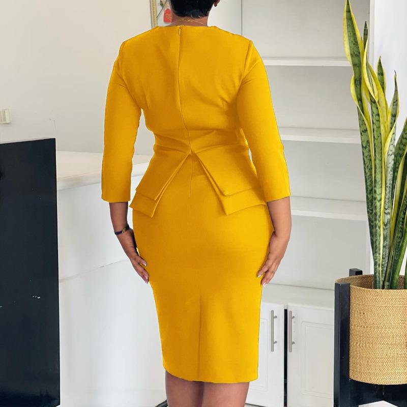 Women's Autumn New Fashion Temperament Elegant Solid Color Ruffled Edge Wrapped Buttock Dress