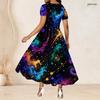 Women Plus Size Round Neck Short Sleeve Galaxy Printed A Line Long Dress