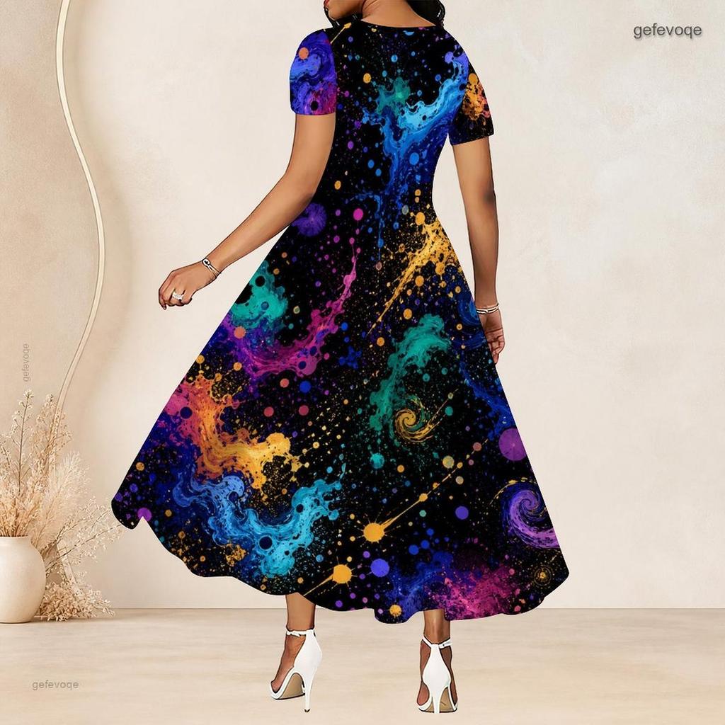 Women Plus Size Round Neck Short Sleeve Galaxy Printed A Line Long Dress