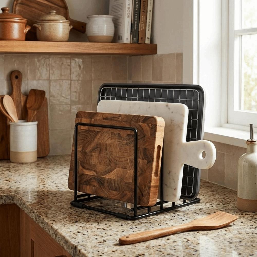 Iron 5 Slots Divided Rack Rust-Resistant Pan Storage Rack Cookware Holder  Counter-top Storage