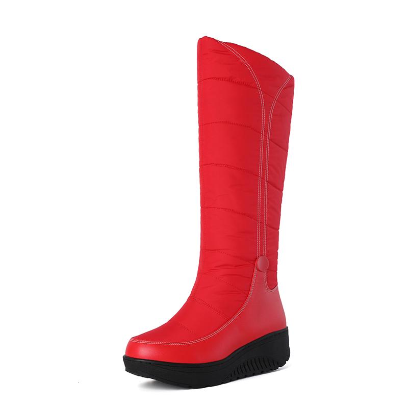 Winter Women Snow Boots Mid Calf Concise Padded Cotton Down Patchwork Leather Shoes Sewing Warm Plush Black Red Waterproof Boots