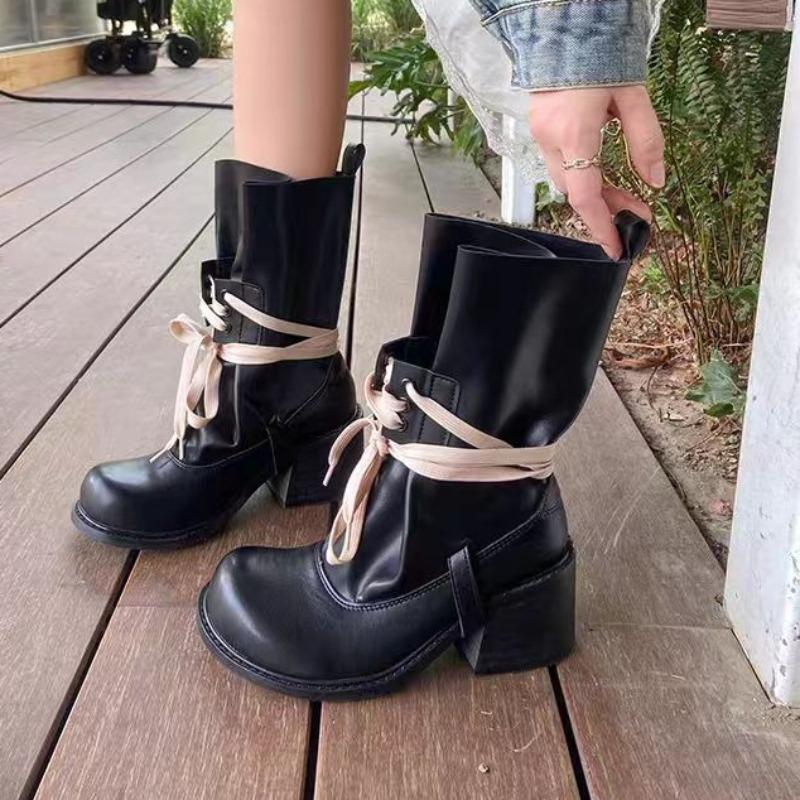 

Platform Heightened Bundle Lace-up Booties 2025 Summer New Round Toe Block Heel Skinny Non-slip Stack Boots 35