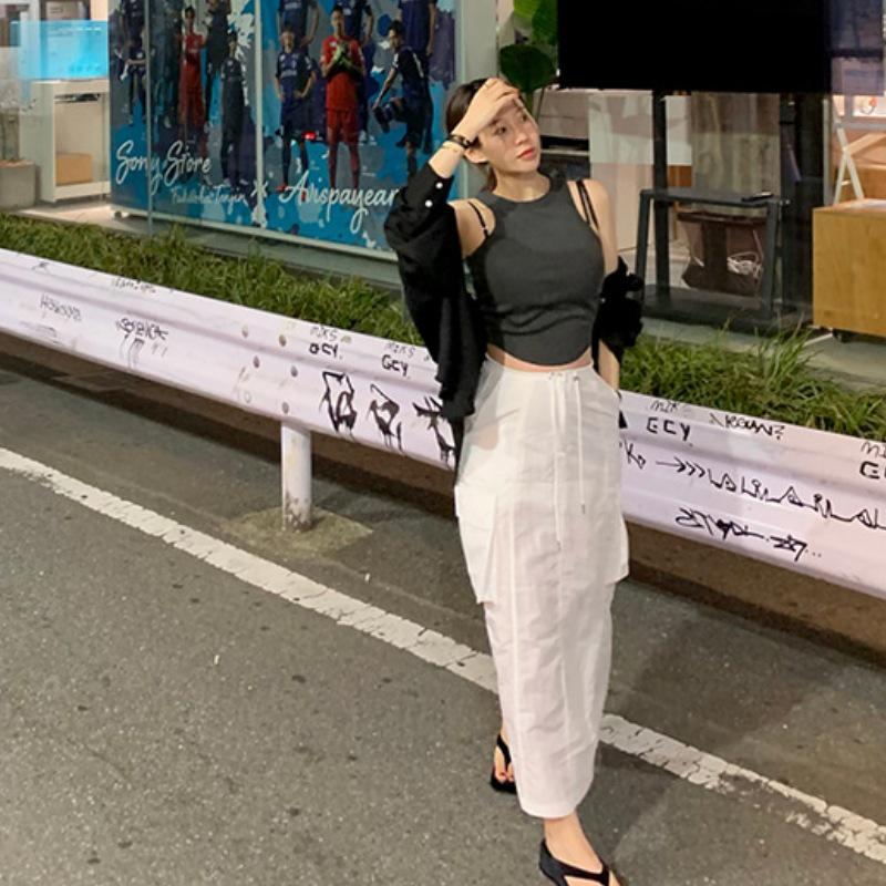 Korean Chic 2026 Spring/Autumn Casual Back Slit Double Pocket Midi Skirt for Women
