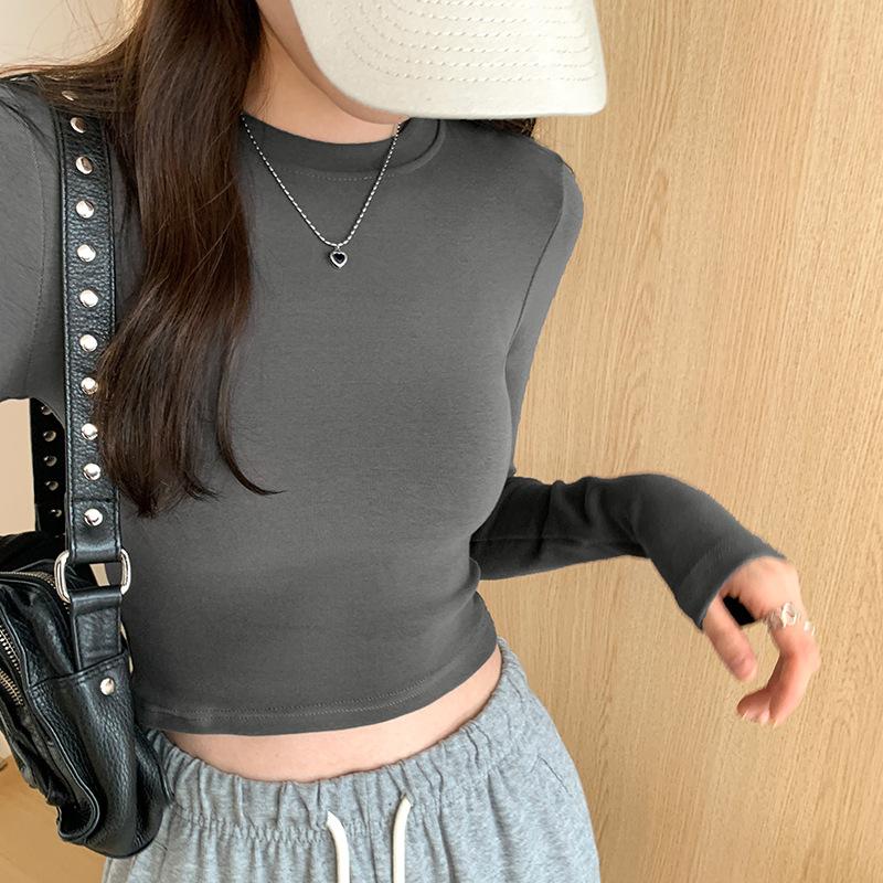 

Белая короткая футболка с круглым вырезом и длинными рукавами для женщин, осенняя новинка, горячая девушка, облегающая эластичная внутренняя нижняя часть рубашки, верхняя часть XL