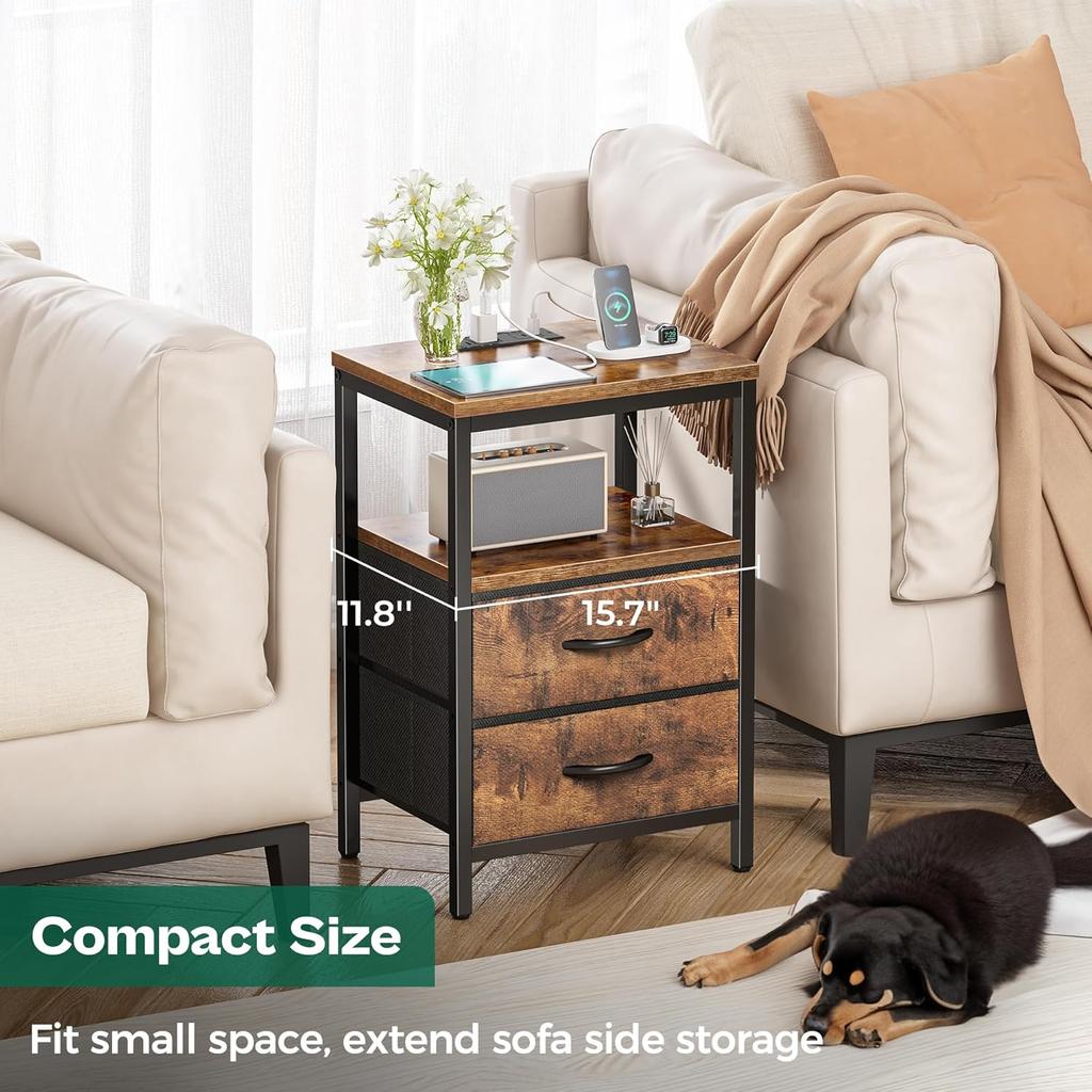 Nightstand with Charging Station, Fabric Drawers, USB Ports & Outlets, Rustic Brown End Table