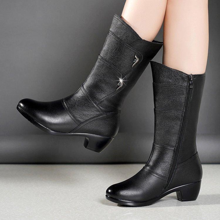 Women's Winter Wool Boots, Medium Length Thick Heel High Boots, Warm Cotton Shoes for Mother