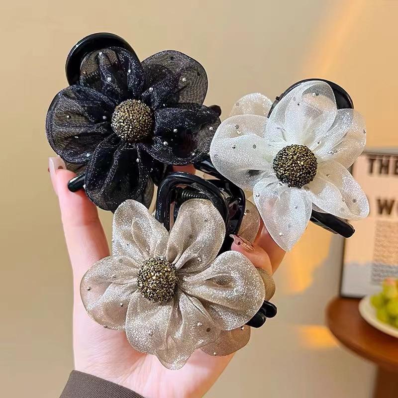 

Elegant Rhinestone Mesh Flower Hair Clip for Women - High-End Shark Clip for Half Updo or Bun
