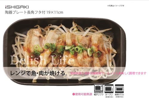 Ishigaki Delish Life Microwave Grilling Ceramic Plate for Meat and Fish, with Rectangular Lid, 19 X 11 Cm, 4577