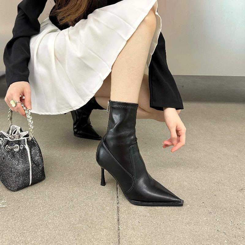 Fashion Pointed Toe European and American High Heels Booties 2025 Naked Boots New Autumn and Winter Skinny Fashion Boots Temperament
