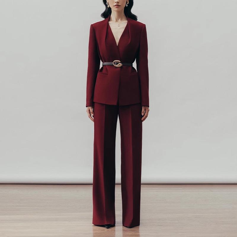 Women's Burgundy High-End Suit Set: Spring/Autumn 2025 Street Style with Wide-Leg Pants