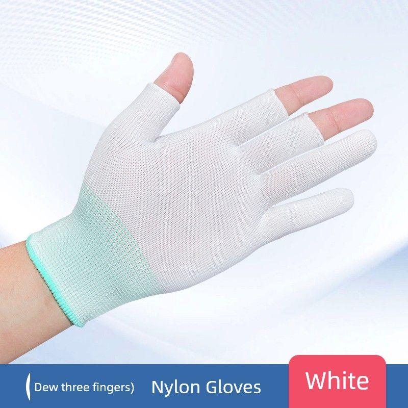 

Hotel Room Attendant Bed-Making Gloves Open Finger Breathable Thin Cleaning Front Desk Cleaning Lady White Nylon Dew Three Finger 4 Pair Pack All yards