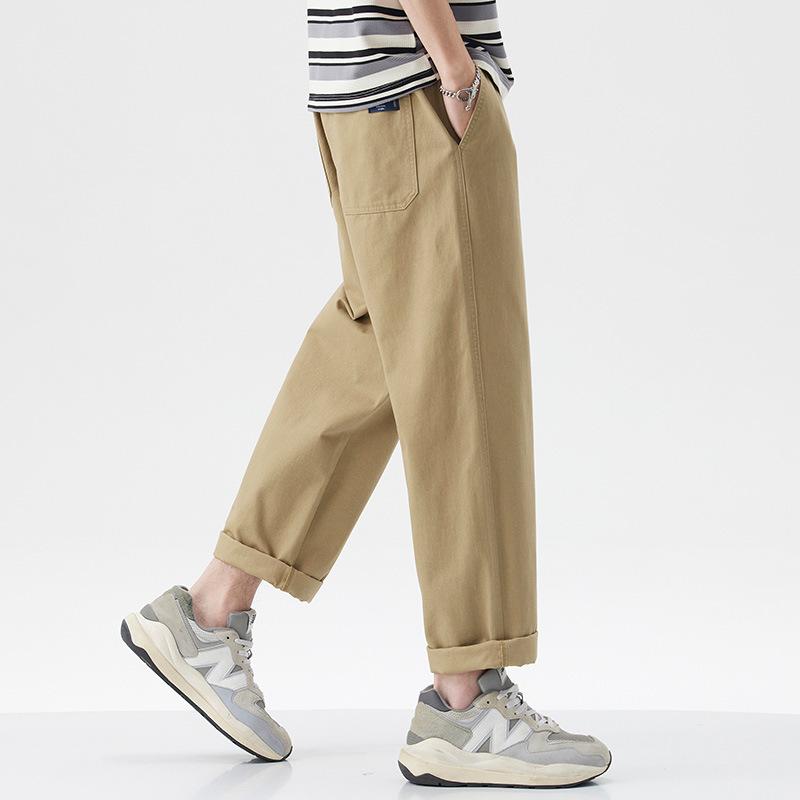 Solid color simple and versatile pure cotton casual pants men's new trendy brand loose straight elastic waist long pants men