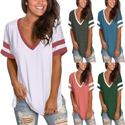 2024 Europe and the United States Spring and Summer New Women's Base Shirt Solid Color V-neck Splicing Short Sleeve Loose T-shir