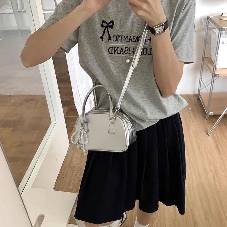 Mini Korean PU Leather Bag for Women  Silver Bowling Shoulder Bag  Girls Crossbody Bag  Fashion  Summer  New