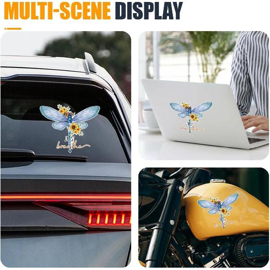 Just Breathe Dragonfly Car Sticker Decal, Vinyl Waterproof Automotive Window Sticker, Vintage Sun Flower Vehicle Bumper Decal, Positivity Auto