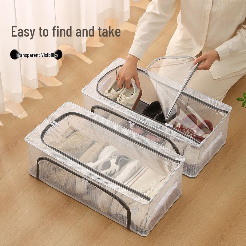 Under-Bed Transparent Shoe Storage Box with Steel Frame, Foldable & No-Install